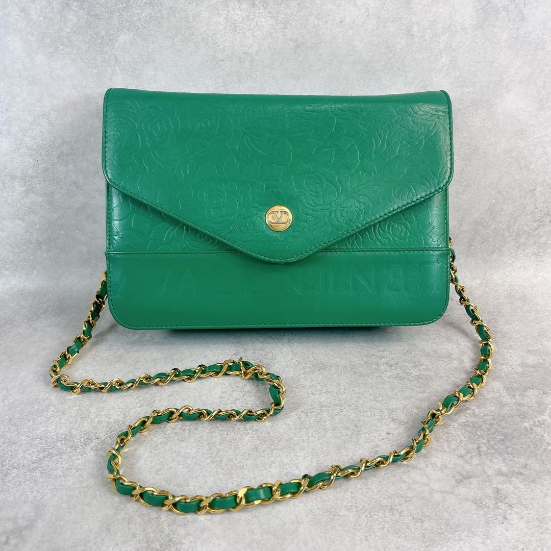 Valentino Garavani Green Chain Shoulder Bag Vintage Flower Pattern, Excellent C thumbnail 2