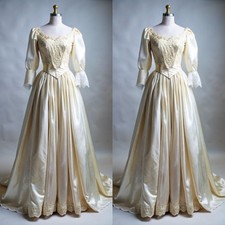 Vintage Champagne Wedding Dresses Lace Satin Sweep Train A Line Bridal Gowns