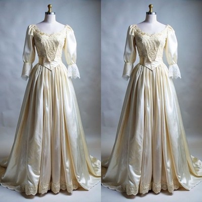 Vintage Champagne Wedding Dresses Lace Satin Sweep Train  A Line Bridal Gowns
