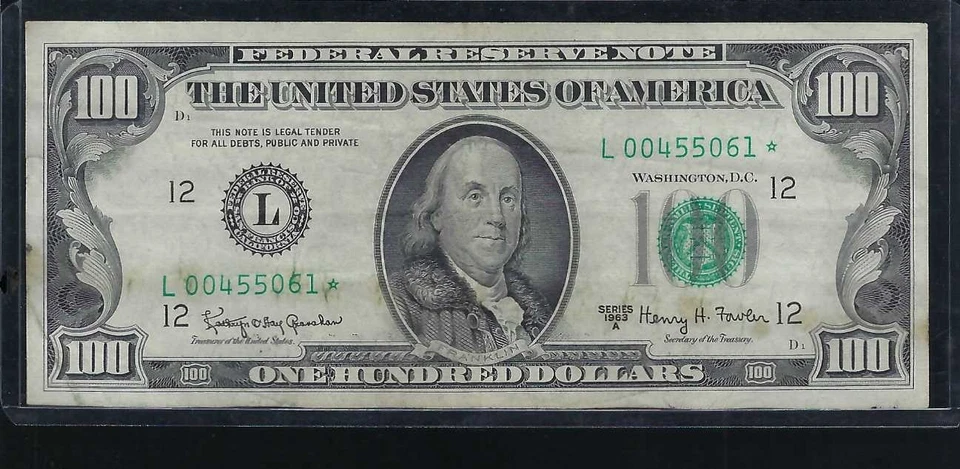 1963A $100 Dollar *STAR NOTE ** 00 LOW SERIAL Note L Series 00455061* - Image 3 of 4