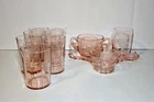Pink Depression Glass Mixed Set Cups & Tray of 11 Vintage Dining Glassware