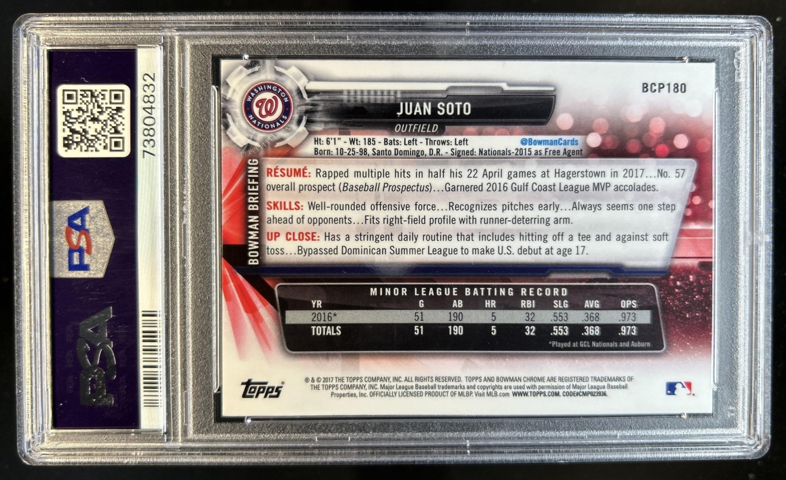 2017 Bowman Chrome Juan Soto Prospects #BCP180 Nationals PSA 9 view 2
