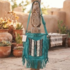 Artisan Handcrafted Bohemian Chic Turquoise Leather Fringe Crossbody Bag Hobo
