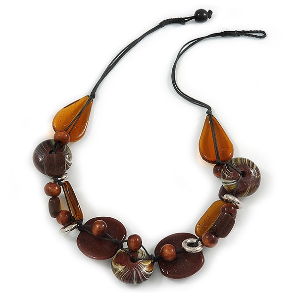 Statement Cluster Ceramic, Wood Bead and Silver Tone Ring Necklace with Black