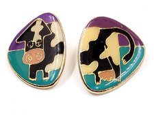 Dairy Cow Print Stud Earrings Vintage Lobe Area 1 3/8" x 1" Purple Green Gold