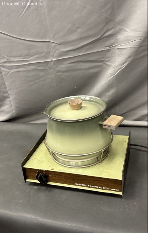 Cornwall Vintage Electric Fondue Set Avocado Green Enameled Pot 3-Piece