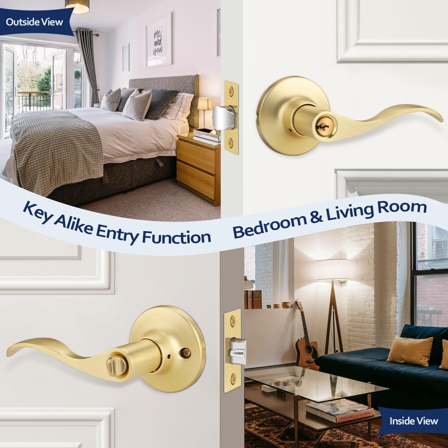1 Pack Gold Door Handles Keyed Alike Entry Door Handle with Lock and Key Bras