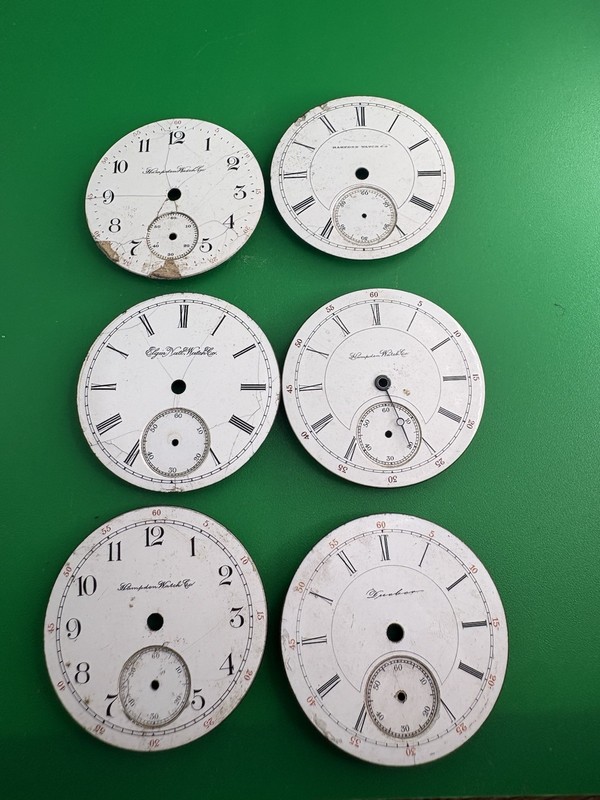 Six Assorted Vintage White Pocket Watch Dials Various Name Brands