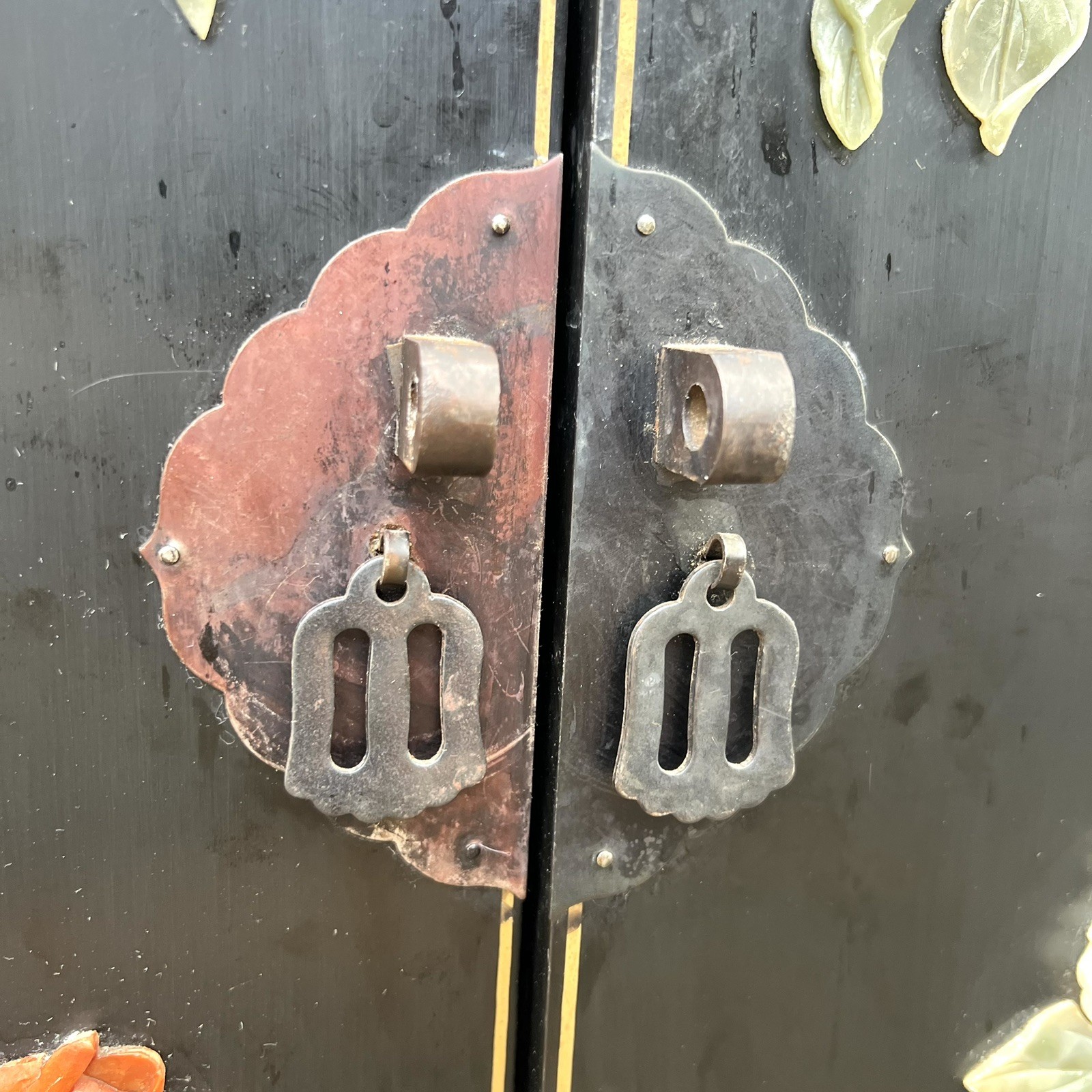 Chinese Black Lacquer Gold Hand Painted Cabinet Stone Relief Bird Flower MCM SEE