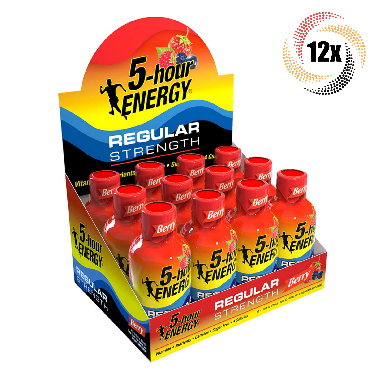 Полная коробка, 12 бутылок, 5-часовая энергетика, Обычный ягодный вкус | Без сахара | 1,93 унции