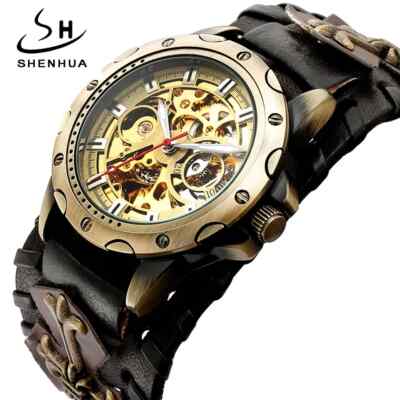 Retro Bronze Skelett Automatik Mechanische Uhr Herren Gothic Selbstaufzug $$$