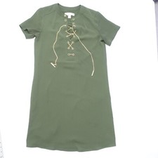 Michael Kors Chain Front T-Shirt Dress Women Size XS Green Long Sleeve Polyester