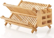 Bamboo Dish Drying Rack 2-Tier Folding Collapsible Drainer with Utensil Holder