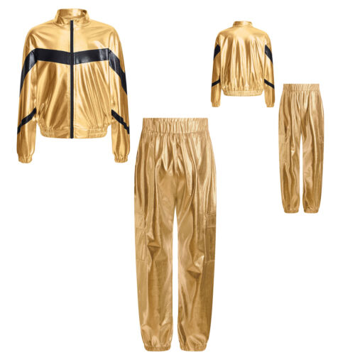 Girl's Hip Hop Dance Outfits Shiny Metallic Sparkly Jacket and Jogger Pants Set - Picture 3 of 36