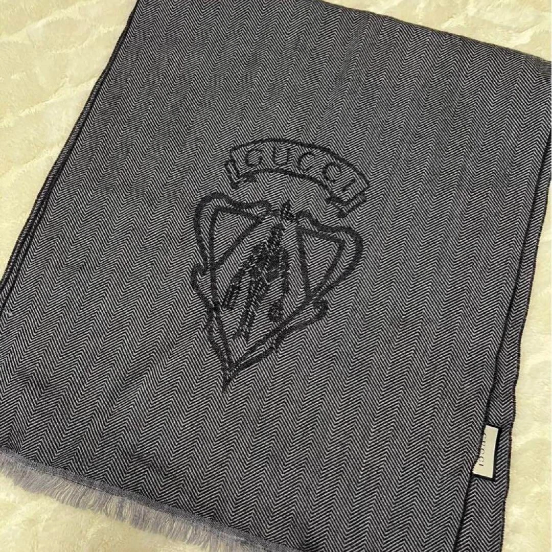 Old Gucci Logo Crest Herringbone Scarf, Rare, Unisex, Used, From JAPAN, Grey