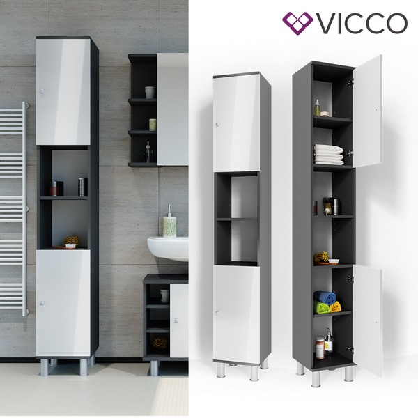 Badschrank Badezimmerschrank Hochschrank Fynn 190 X 30 Cm Anthrazit Weiß Vicco-image