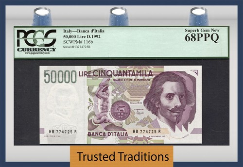 TT PK 116b 1992 ITALY BANCA D'ITALIA 50000 LIRE PCGS 68 PPQ SUPERB GEM NONE FINE