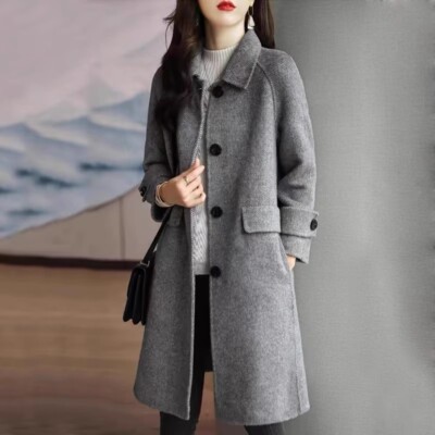 Womens Wool-Like Trench Coat Herringbone Tweed Single Breasted
