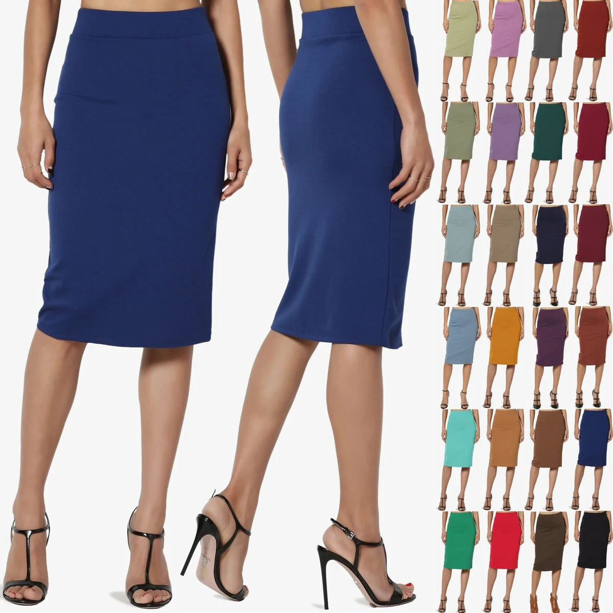 Thick Ponte Stretch Knit High Waist Knee Length Pencil Midi Skirt Casual  Office