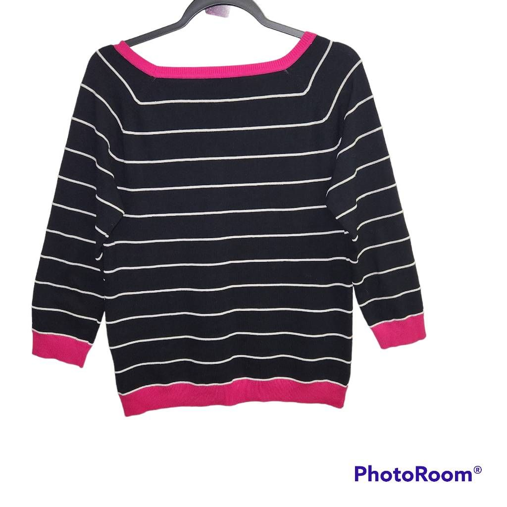 Cable & Gauge Womens Pullover Sweater Black White Stripe 3/4 Cable & Gauge Womens Pullover Sweater Black White Stripe 3/4