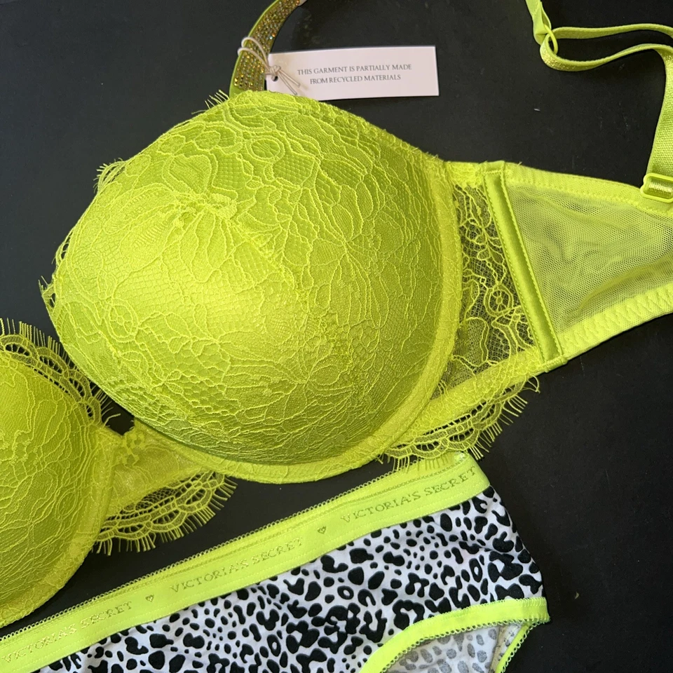 Victoria's Secret 32DDD SUJETADOR CONJUNTO PANTY AMARILLO NEÓN verde PRESIÓN ANIMAL BRILLO CORREA Foto 3 de 4