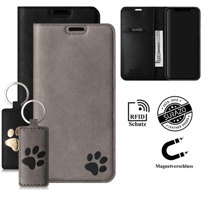 SURAZO RFID Schutz Smart MAGNET Echtes Ledertasche Handy Hülle Etui Case Pfote