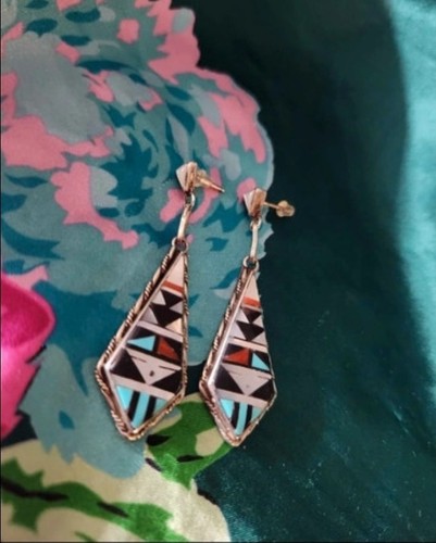 Vintage Handmade Native American Zuni Inlay turquoise Sterling silver dangle