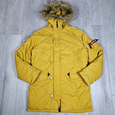 Alpha Industries N-3B Parka Coat Jacket Mens Medium Mustard Yellow Faux Fur Hood