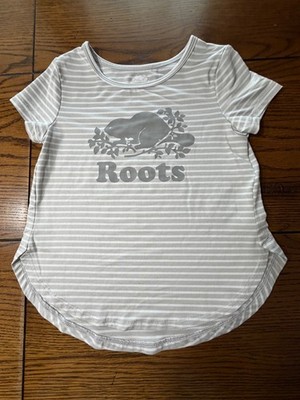Roots Kids Gray Striped Beaver Shirt EUC Girls Short Sleeve Top Size 3T