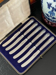 Set SEI coltelli da tè completi in argento sterling inglese nastro canna crema 6 7” c1923
