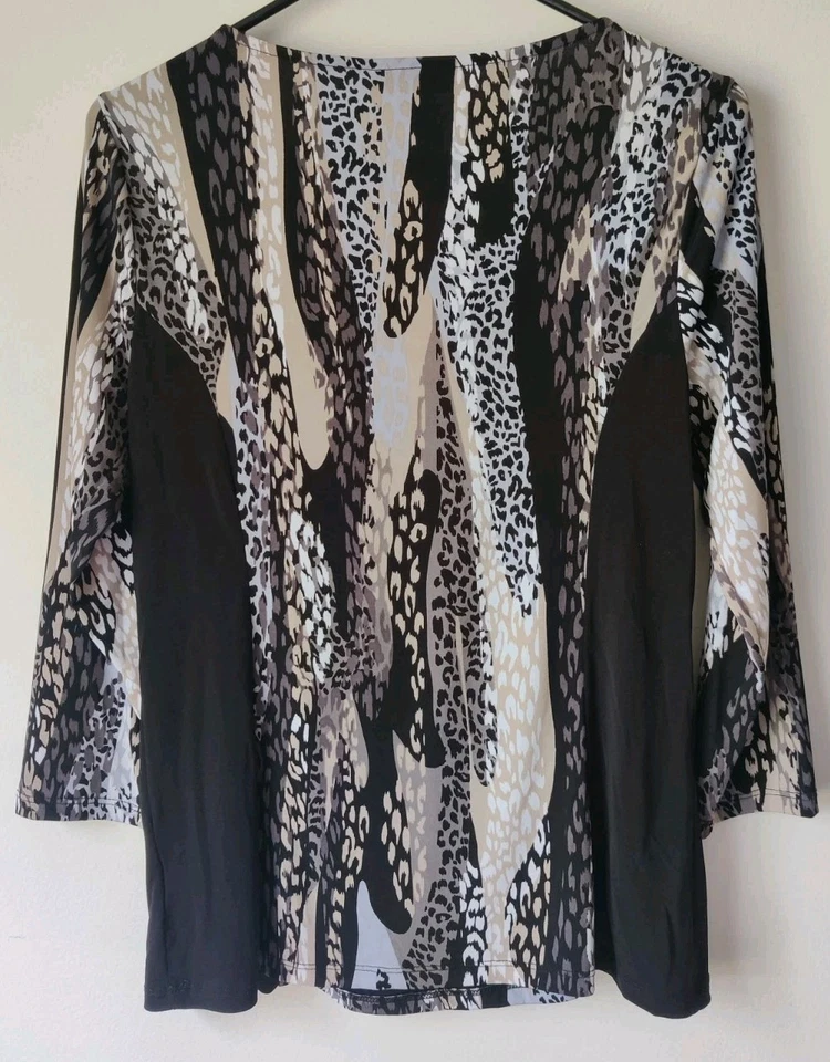 Top para mujer Dana Buchman estampado animal mangas 3/4 capucha cuello negro/marrón talla M Foto 2 de 4