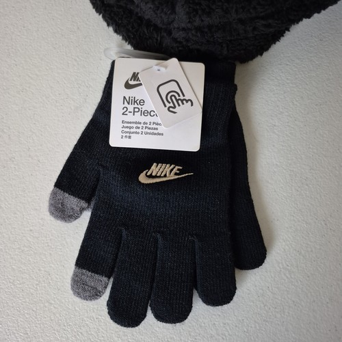 Nike Hat Cap Strap Back Youth Black Sherpa Fleece Beanie Gloves Set Winter New - Picture 3 of 5