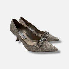 Jimmy Choo Women's Beige Auria Glitter Leather Embellished Bow Pumps Size 39