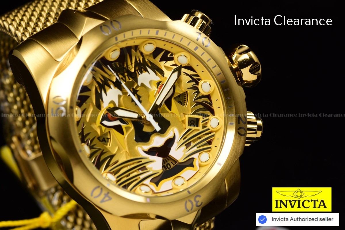 Invicta Men Venom LION HEART Golden Predator Chrono Gold Tone Mesh SS Watch  54mm