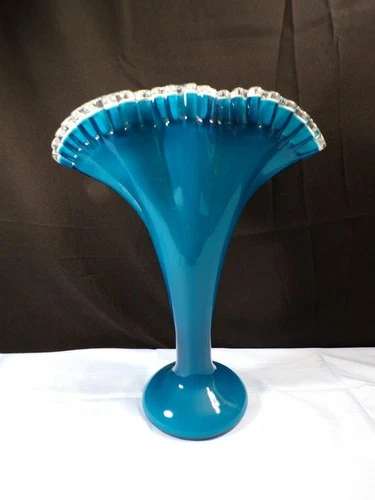 Large Fenton Silver Blue Jamestown Crest Fan Vase 12 5/8" Tall