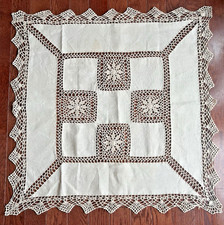 Hand Crocheted Ecru Beige Linen 33" Square Table Topper