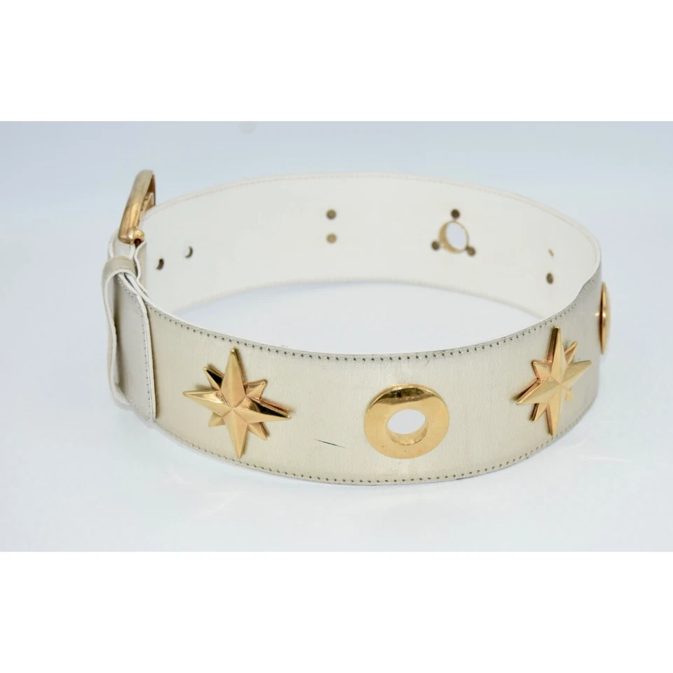 34Vintage Escada Champagne Metallic Gold Star Charm Leather Waist Belt 34 - Image 3 of 4