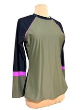 PrAna Rash Guard Women M Swim Surf Board Beach Olive Black Pink EUC Vacation