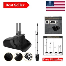 55" Long Handle Broom & Self-Cleaning Dustpan Set in Elegant Black