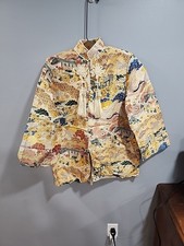 Vintage Asian Inspired Silk Brocade Jacket w/ Scenic Cranes, Pagodas, Florals