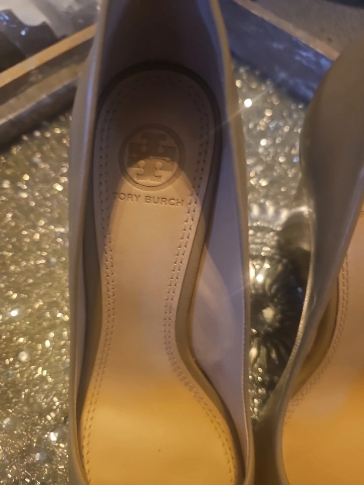 Zapatos para mujer Tory Burch Peep Toe cuña cuero tostado gris hebilla 7 M  Foto 3 de 4