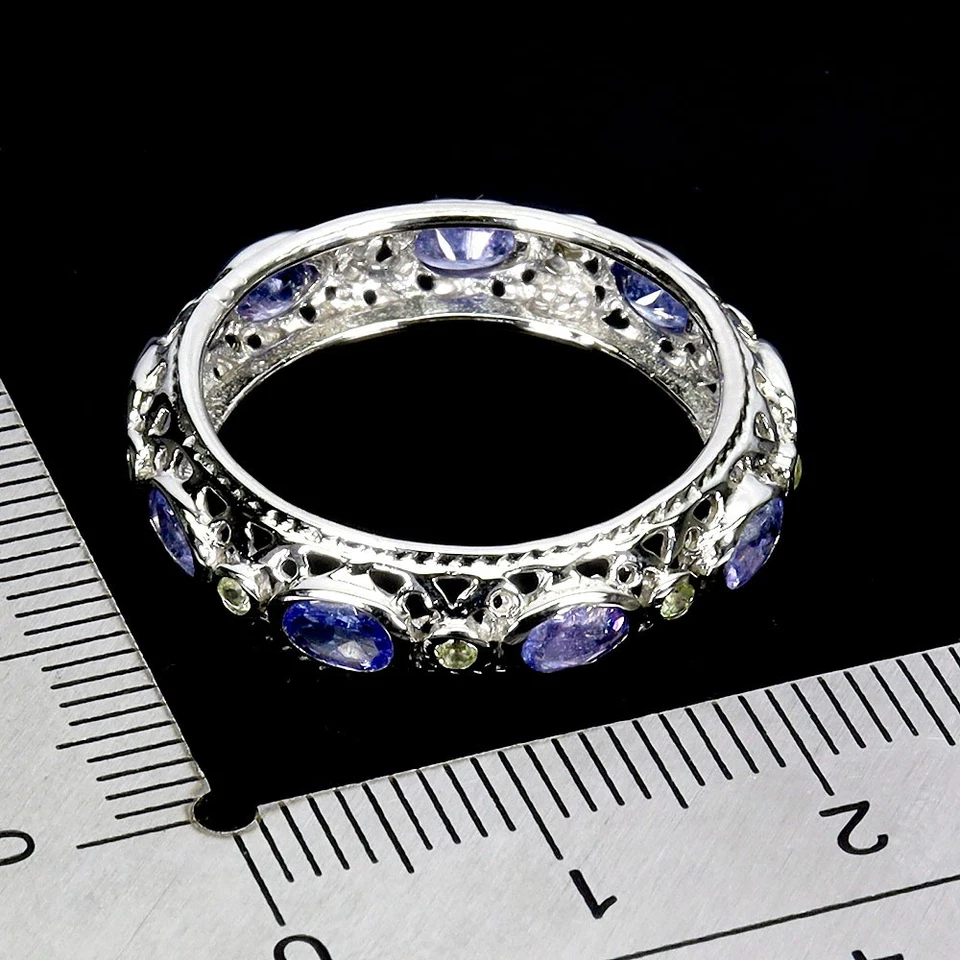 925 Anello Argento Sterling Ovale Tanzanite Peridoto Naturale Gemma Taglia 8 - Immagine 3 di 4