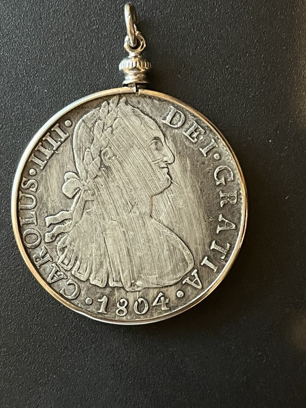 1804 SPANISH 8 REALES/1812 5 FRANCS REPLICA COIN PENDANT ~ SILVER-TONE BEZEL