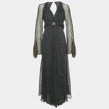 Versace Collection Black Silk Drape Detail VNeck Maxi Dress M