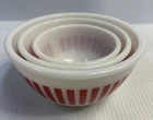 Set of 3 Hazel Atlas Red White Candy Stripe Mixing Nesting Bowls Milk Glass Vtg