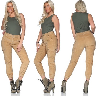 Damen Cord Cargohose Slim Fit Mid Waist Cordhose mit Seitentaschen, Hose Beige
