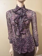 Women  s Purple Leopard Print Polyester Classic Sheer Size L Button-up Blouse Top