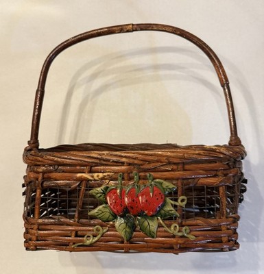 Vintage Wicker and Wire Basket Hand Painted Ceramic Strawberries