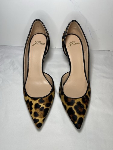 J Crew Leopard Heels Low Stiletto D’Orsay Size 6.5 Calf Hair Leather Italy