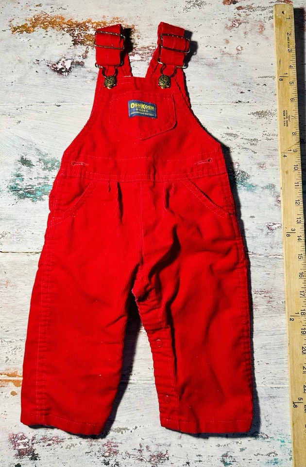 Mono de pana rojo Oshkosh vintage, niño/niña. Traje de vacaciones, talla 12M Foto 3 de 4